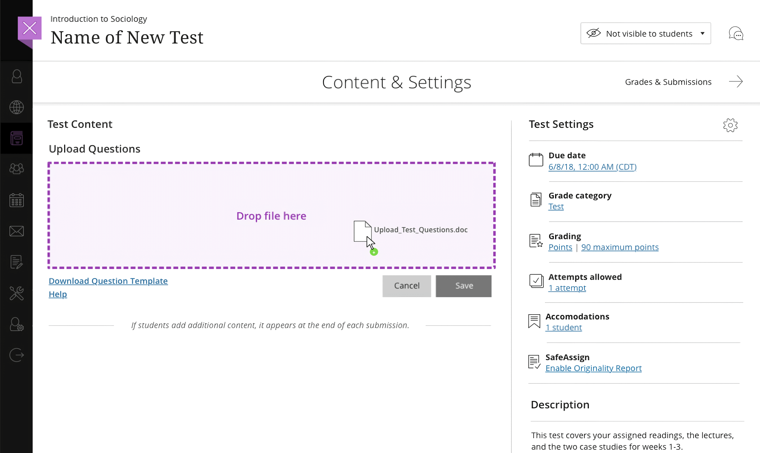 Mockup showing a direct drag-and-drop upload into the Blackboard Learn Ultra assessment canvas.