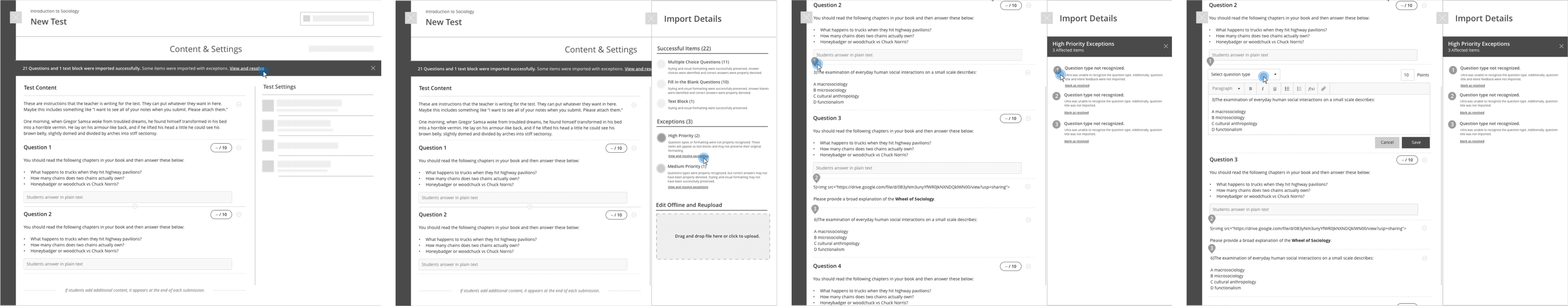 Lo-fi wireframes of the error remediation workflow.