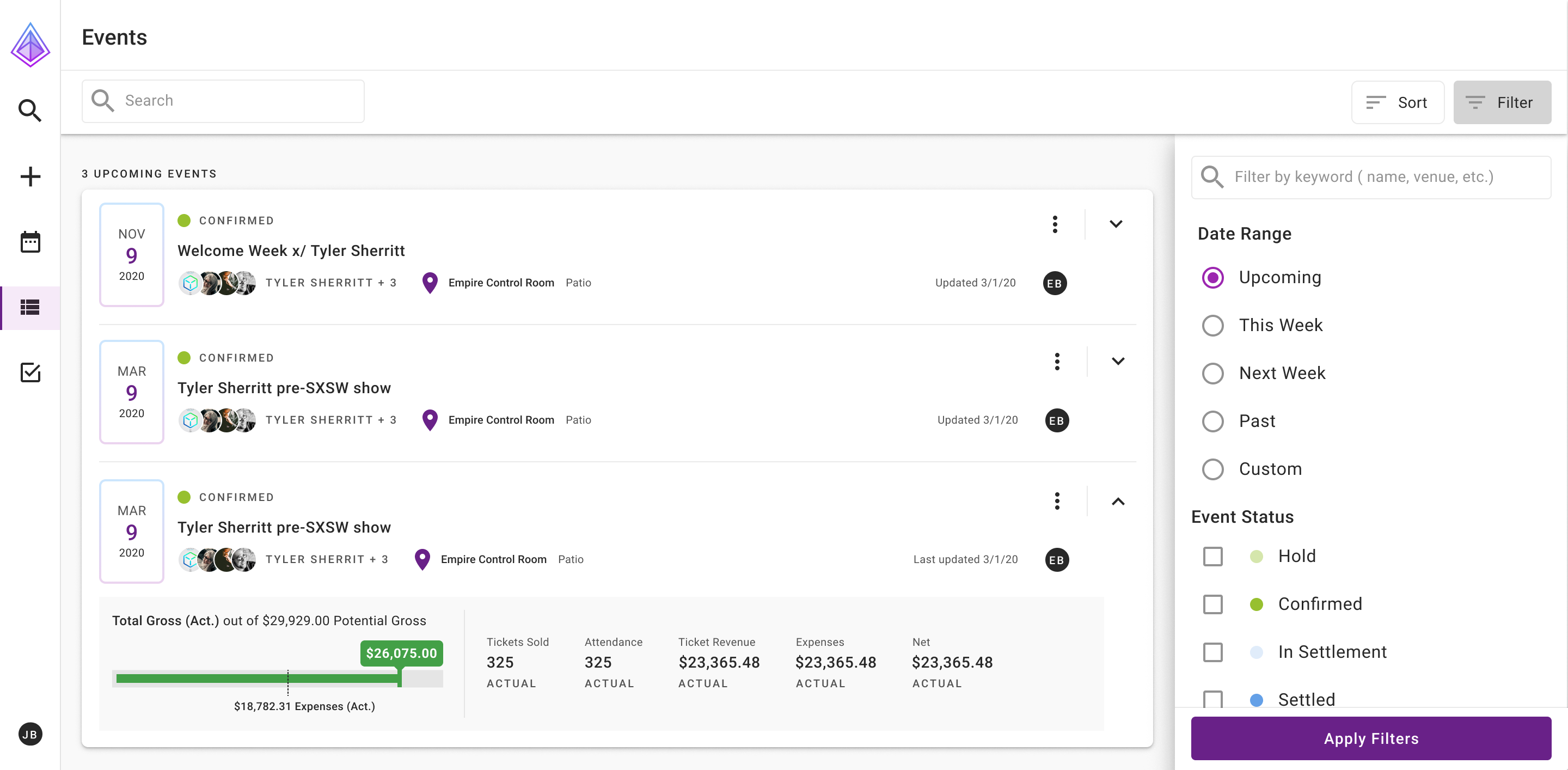 Mockup of a redesigned events list in Prism using the new design language system.