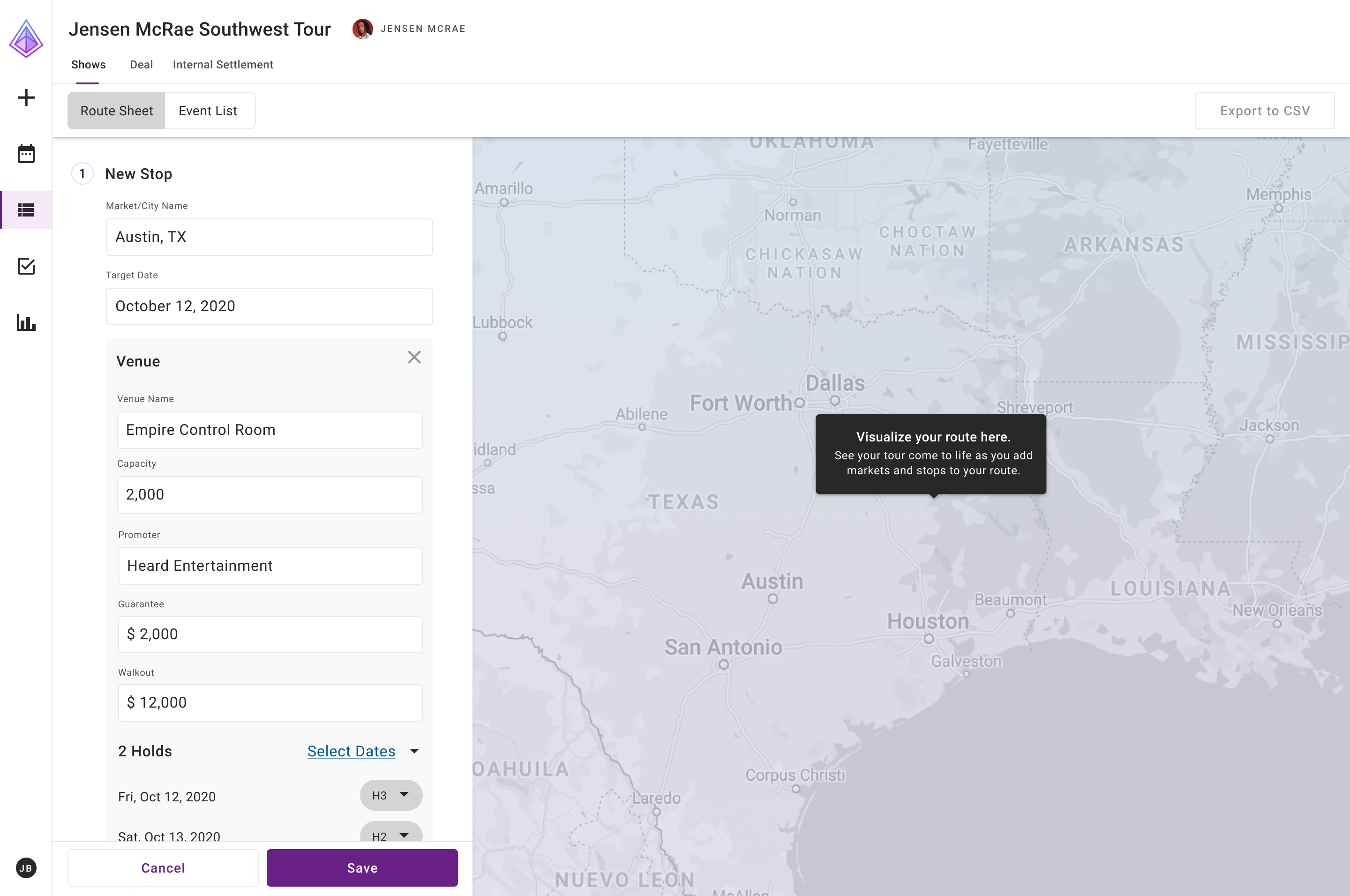 Screenshot of an MVP concept for tour management in Prism.