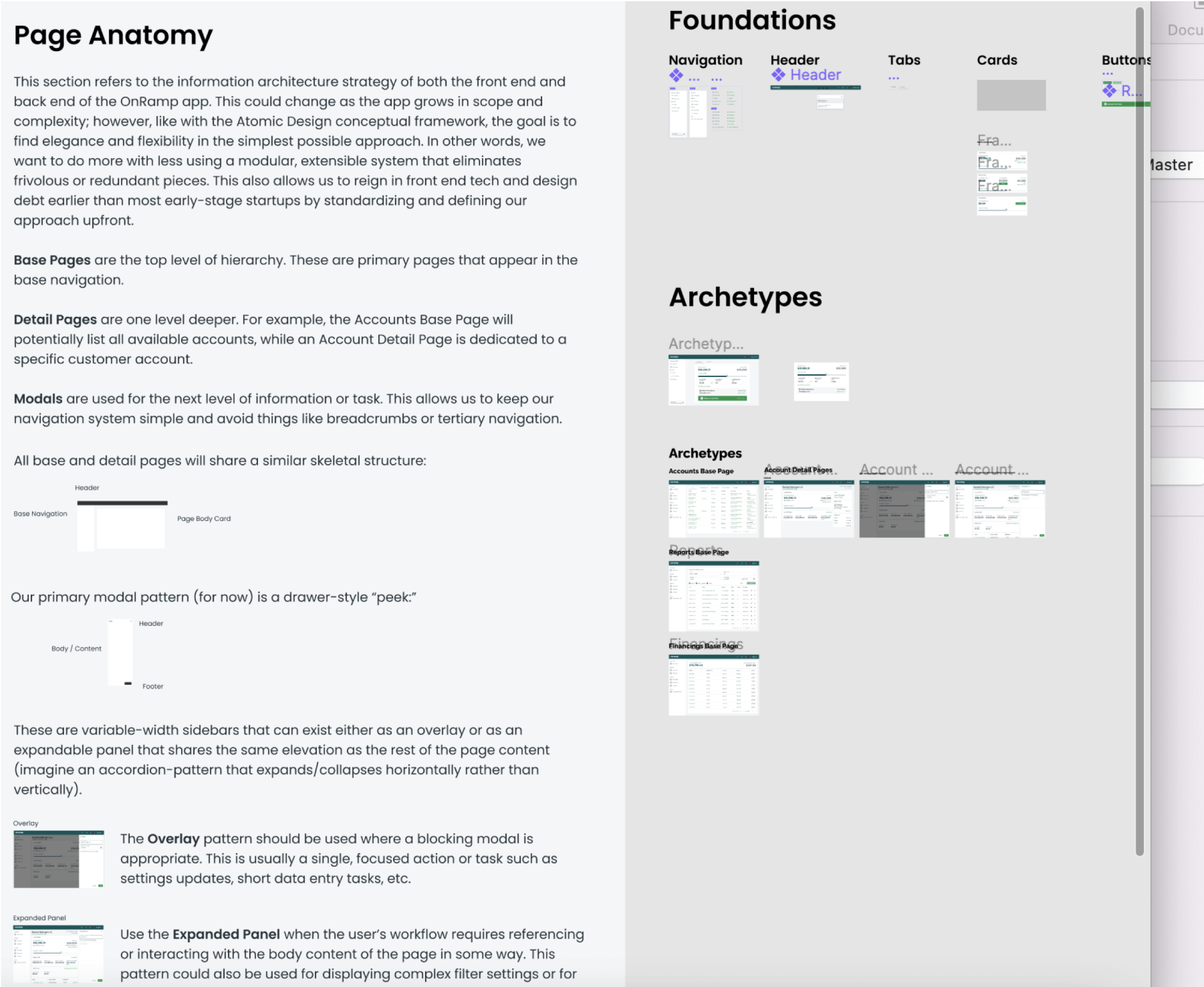 Figma screenshot showing foundational documentation for the revised Onramp design system