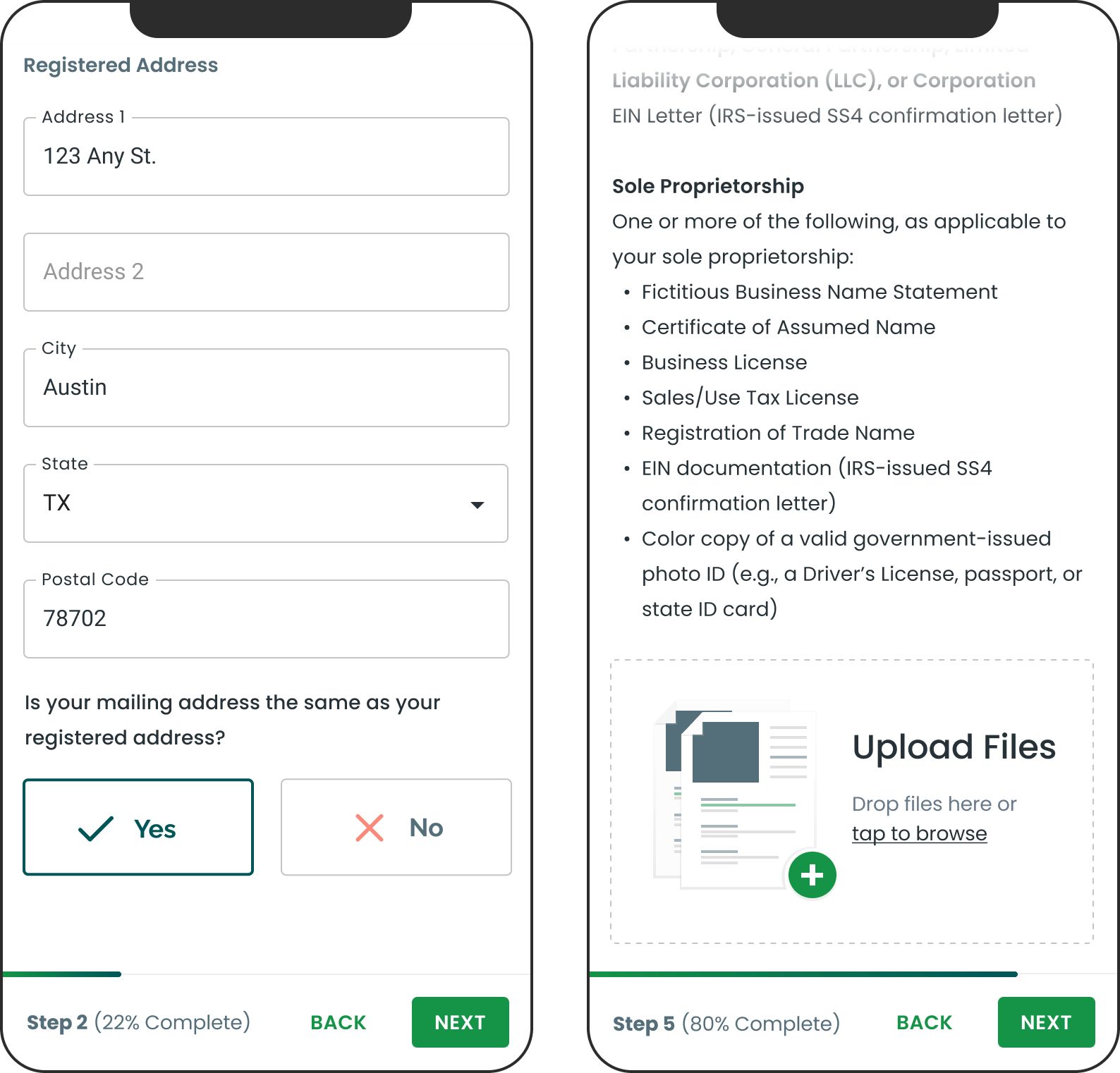 Mockups of responsive mobile views for the revised onboarding flow