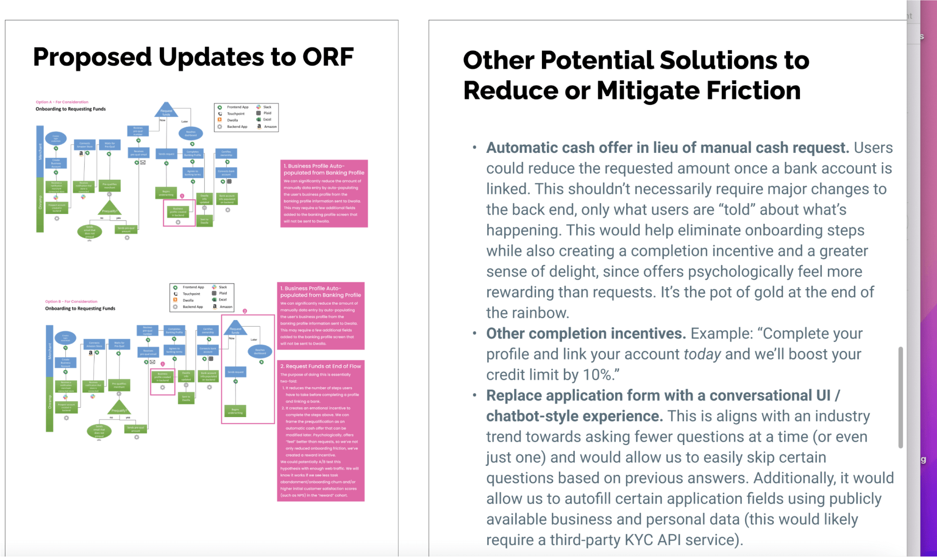 Another Figma screenshot showing a current and proposed systems diagram along with recommendations to reduce or mitigation friction in the onboarding experience