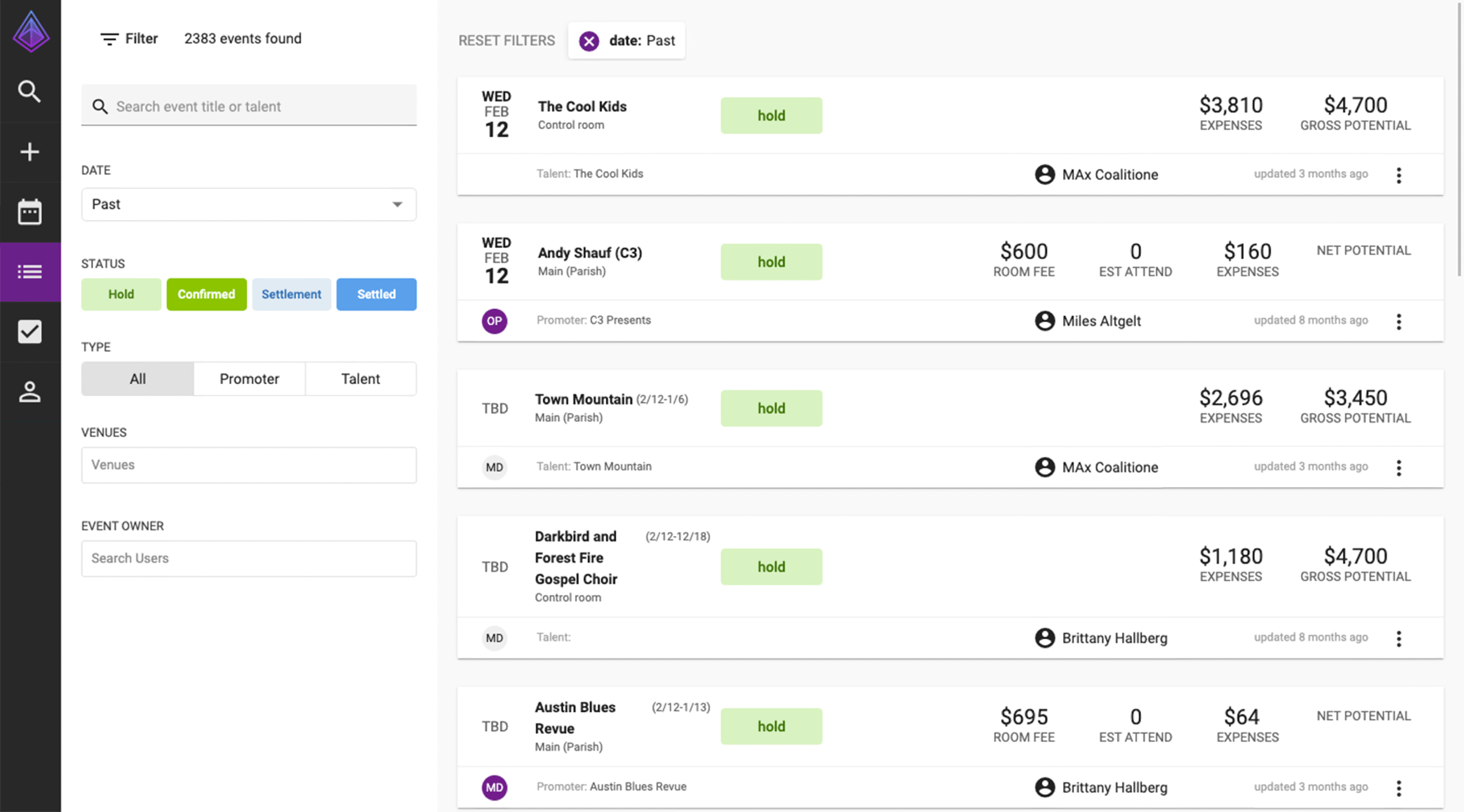 Screenshot of the legacy Prism events list