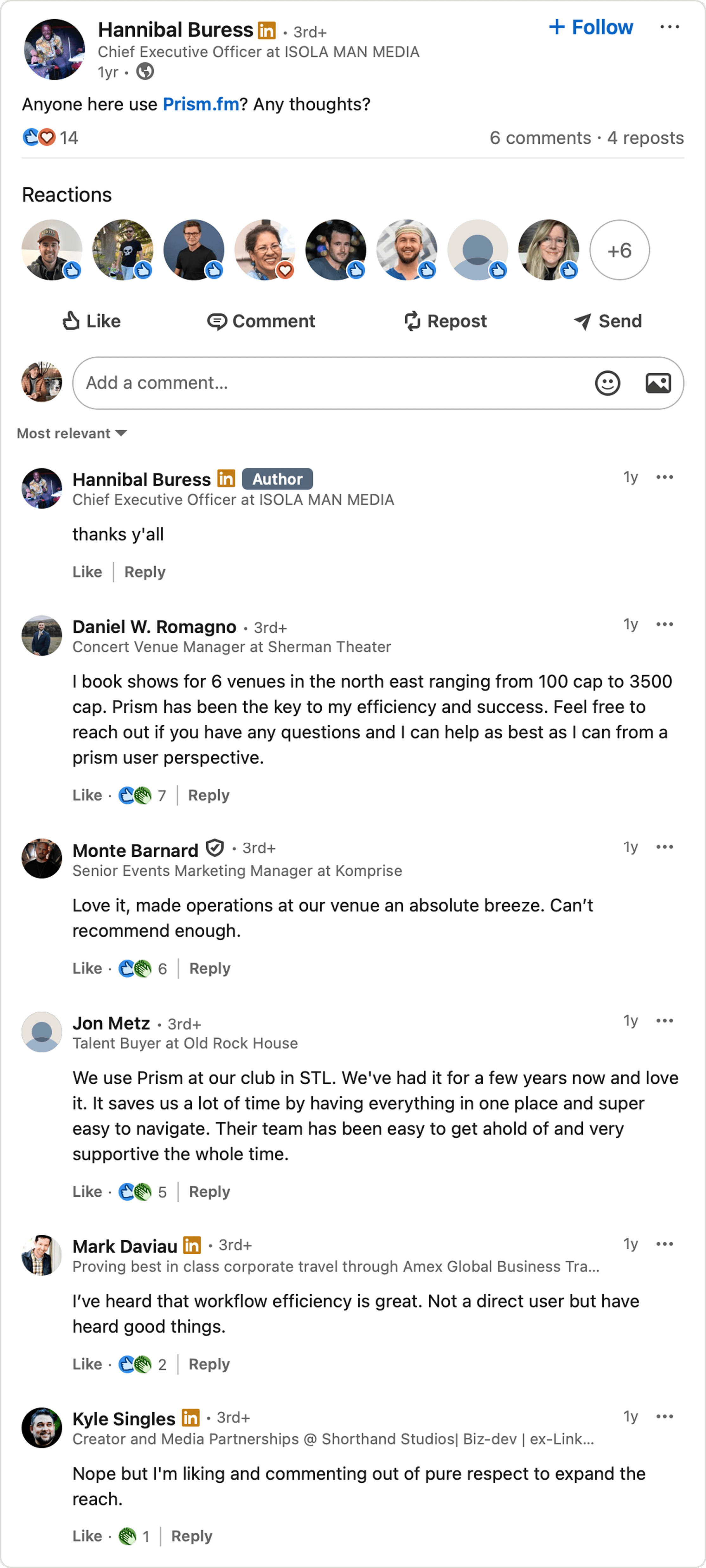 Screenshot of comedian Hannibal Buress asking about Prism.fm on his LinkedIn account